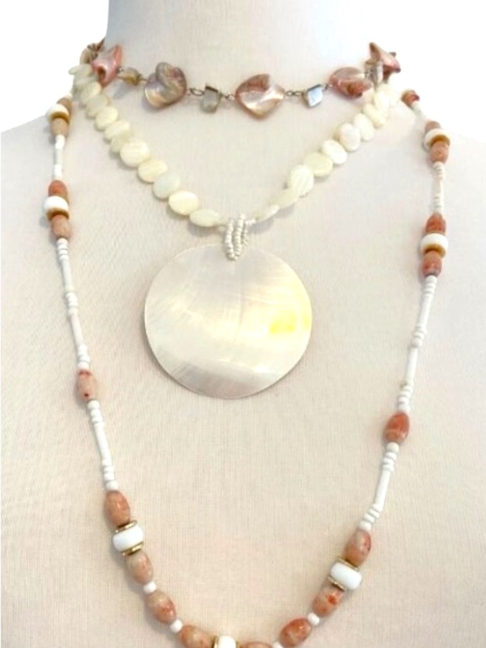 Layered Shell & Beaded Necklace Set With Large Pendant Natural Tones & Heart Acc